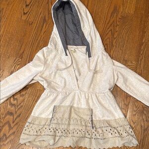 Free People Cream Hooded Top with Lace Accents